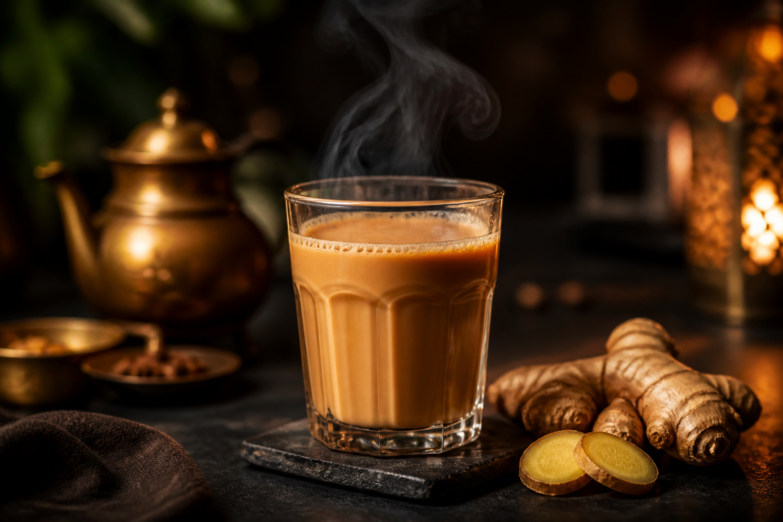 Ginger chai in a glass tumbler