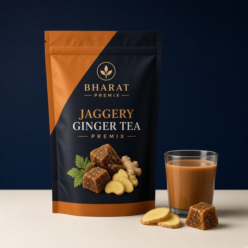 Jaggery ginger tea premix sachet with ginger tea