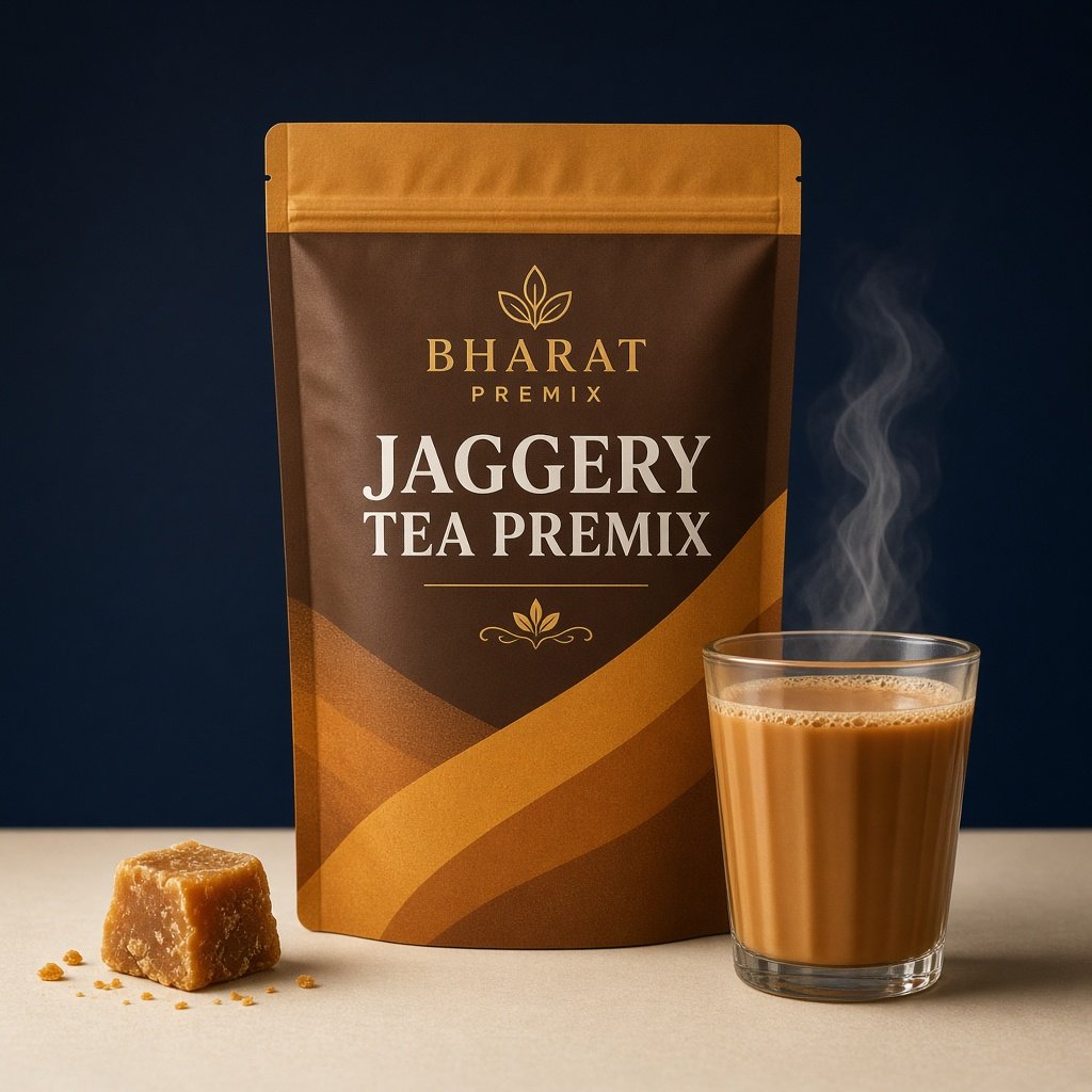 Jaggery tea premix sachet with a serving of chai